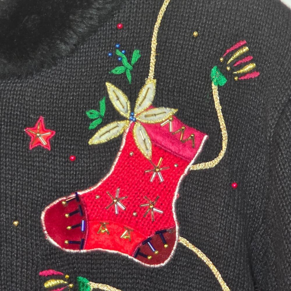 Hampshire Studio Vintage Holiday Sweater Zip Front Faux Fur Womens Size Large - Picture 6 of 13